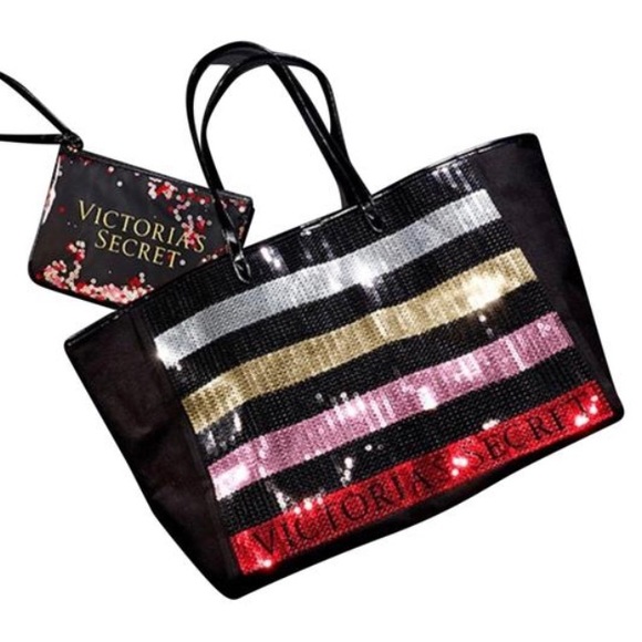 Victoria's Secret Handbags - ⚡️New VS Lg Striped Sequin Weekender w/Pouch Black
